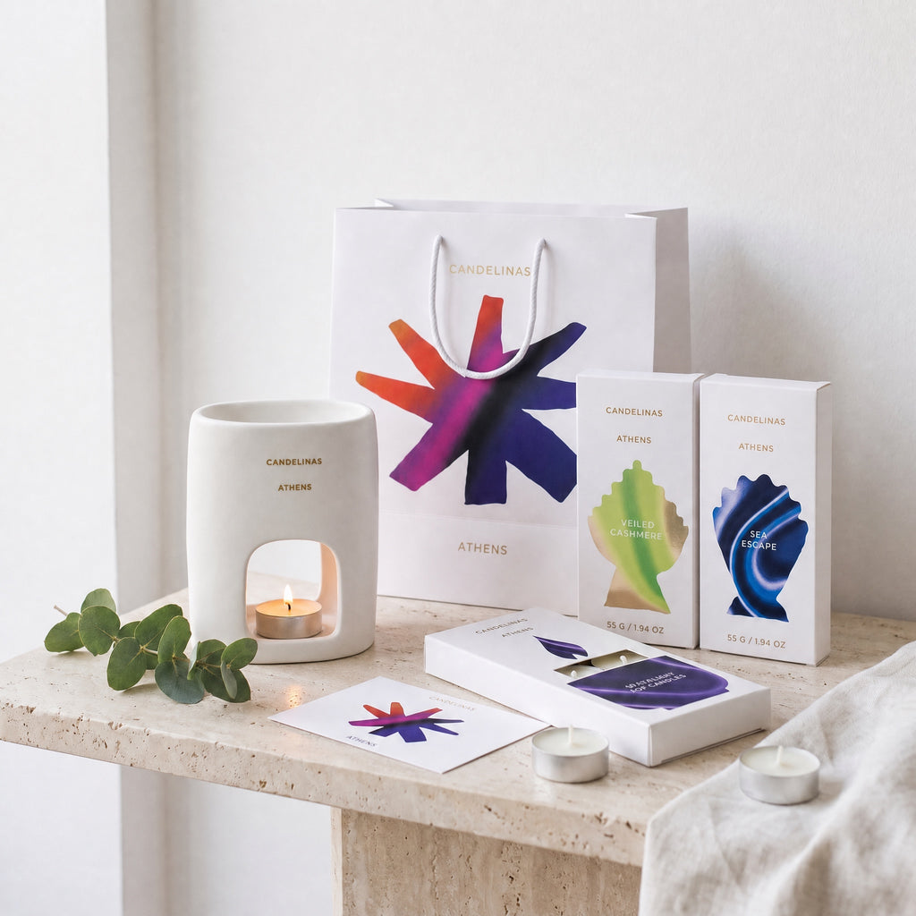 FIRST GLOW CLEAN gift set - Lunar wax melter, Veiled Cashmere and Sea Escape snap bars, tealights, gift bag and message card